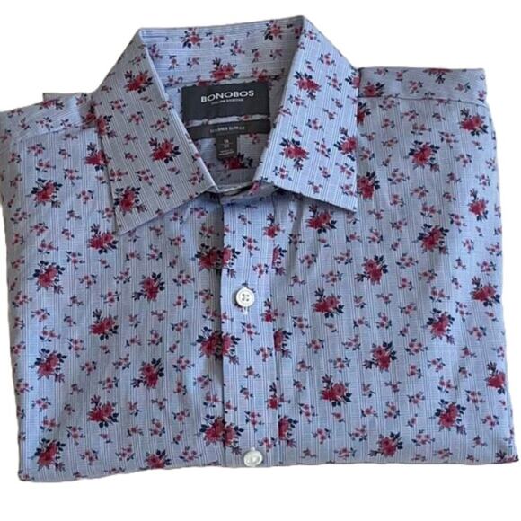Bonobos Tailored Slim Fit Blue Stripe/Floral Print Long Sleeve Button Down 16/35 - Picture 1 of 8